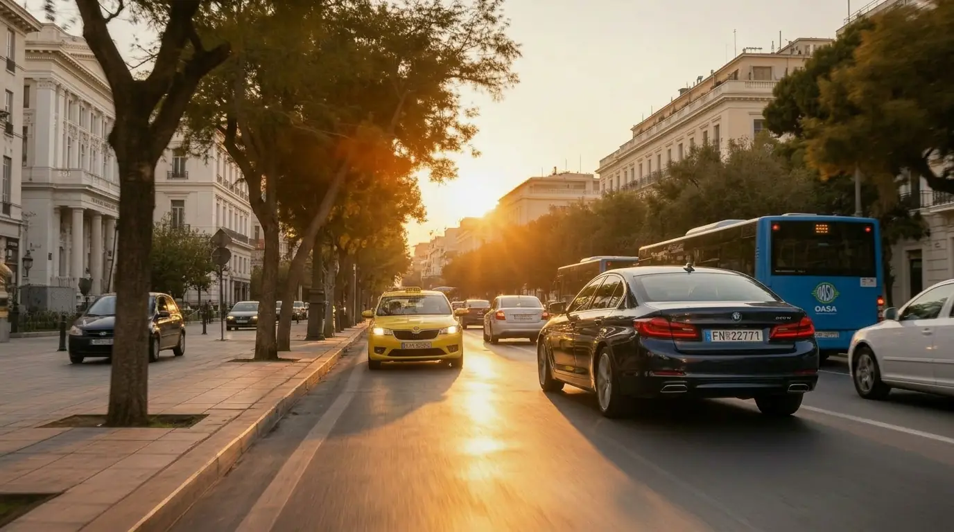 BMW 520d σε δρόμο της Αθήνας με κίνηση και ήλιο